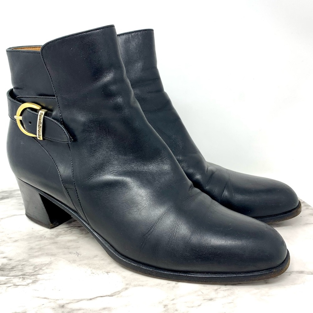 Russell And Bromley Buckle Detail Black Leather Heeled Bootie 40 Classic Preppy